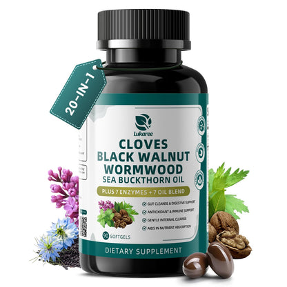 Wormwood Black Walnut Clove Cleanse for Humans Softgels | 20-in-1 Extra Strength | Gut Cleanse & Digestive Health w/ 7 Oils & 7 Enzymes| Concentrated, Men & Women Natural Herb -120 CT