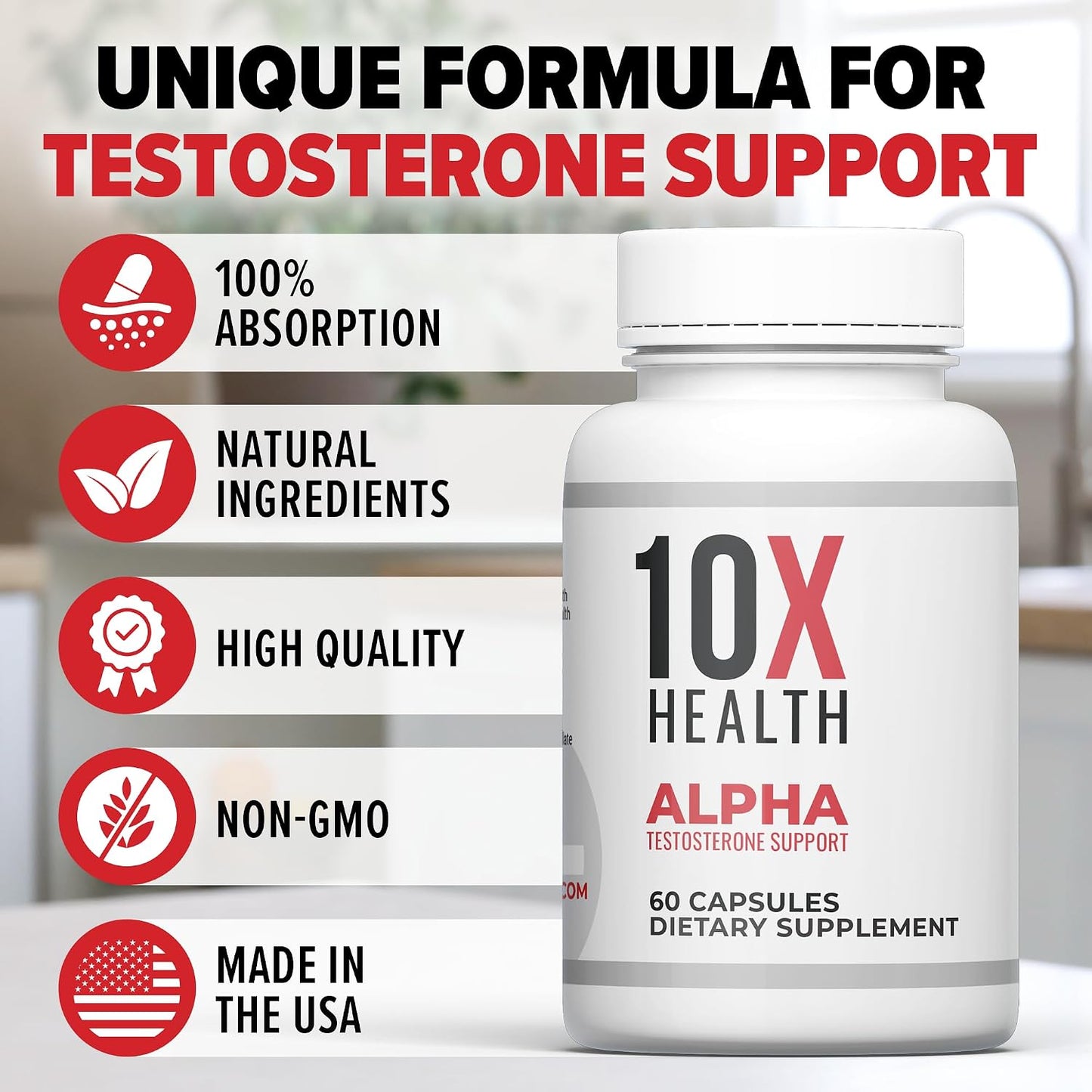 10X Health Tongkat Ali - 60 Capsules | Testosterone Booster for Men: Eurycoma Longifolia 1000mg, Strength, Vitality & Muscle Growth