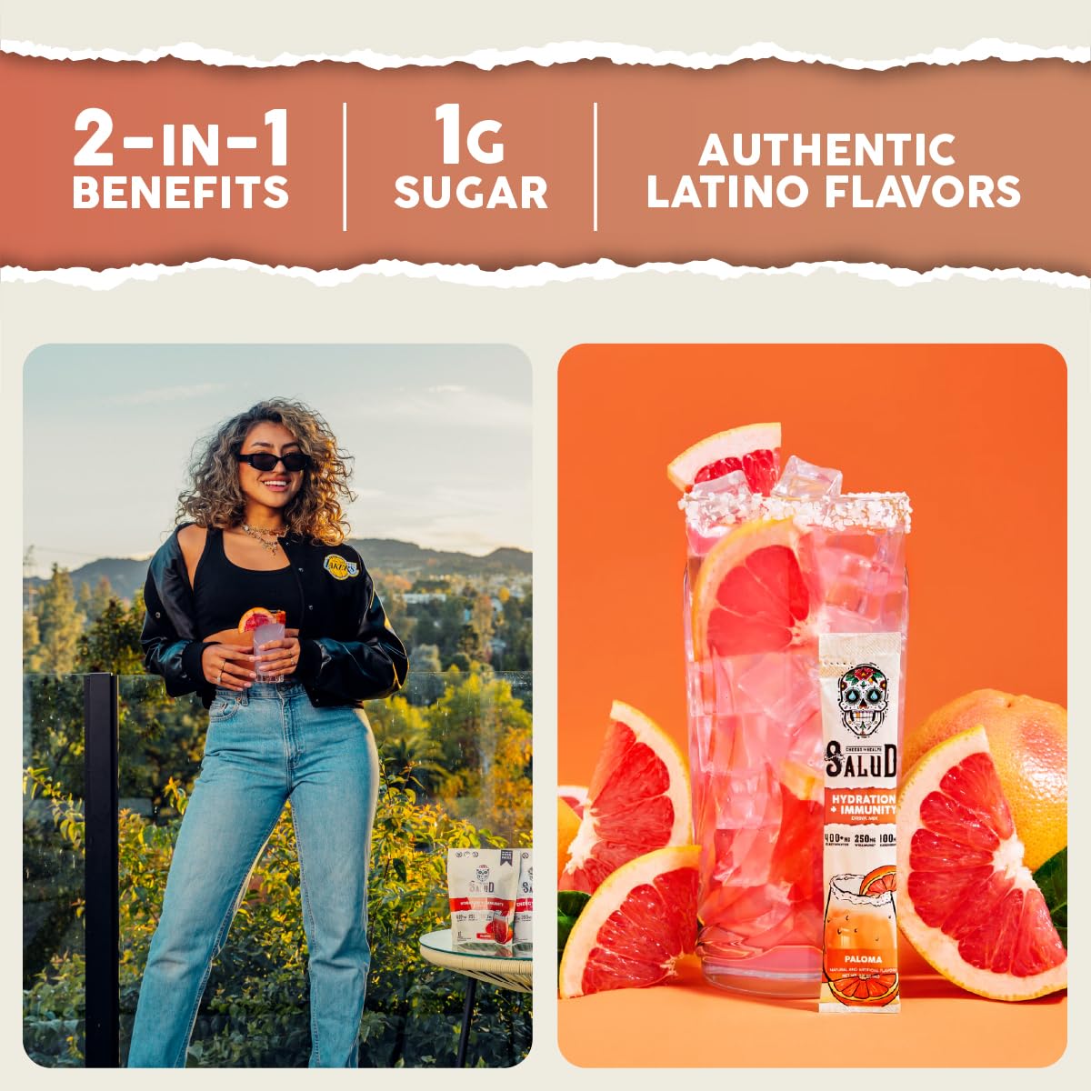 Salud 2-Pack | 2-in-1 Hydration + Immunity (Paloma) & Energy + Focus (Strawberry Margarita) – 15 Servings Each, Agua Fresca Drink Mix, Non-GMO, Gluten Free, Vegan, Low Calorie, 1g of Sugar