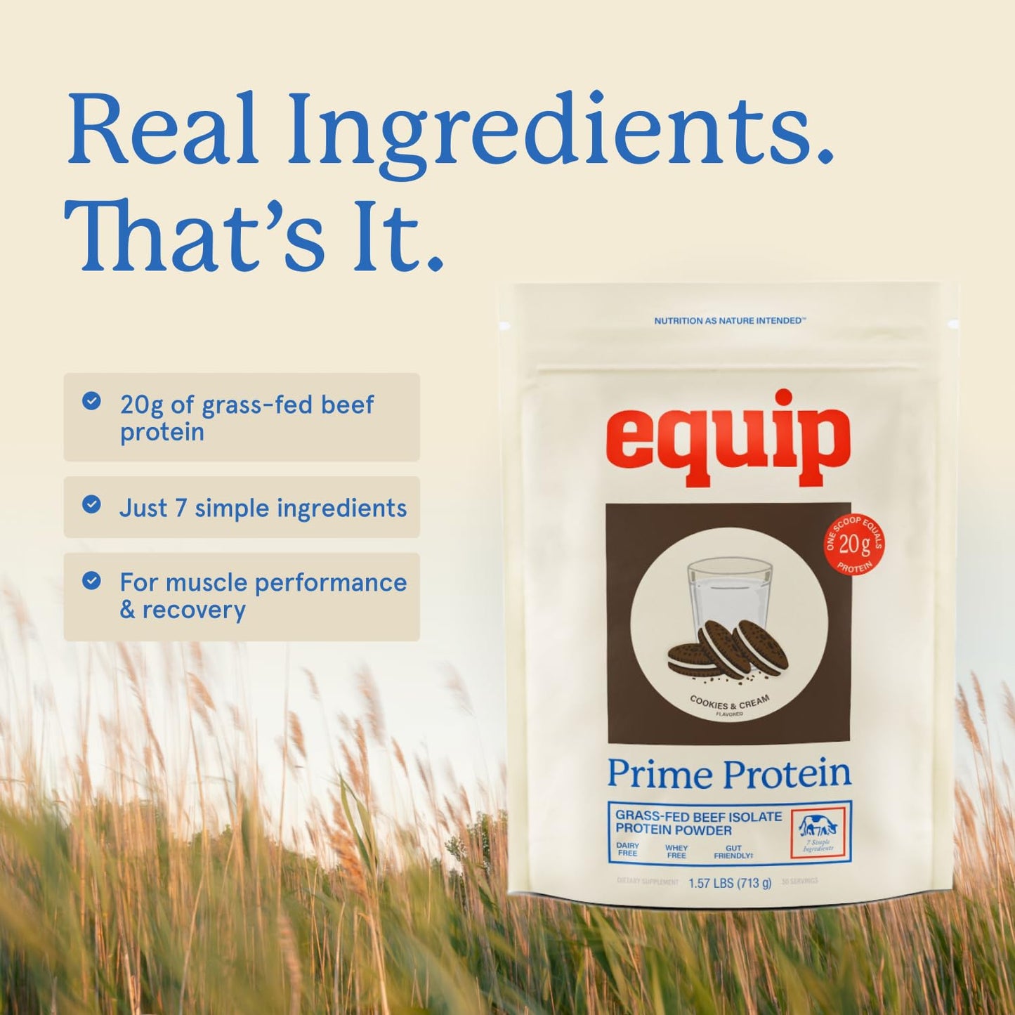 Equip Prime Chocolate Protein Powder - Gut-Friendly, No Sugar Protein Shake Powder with Grass-Fed Beef & Natural Collagen - Rich & Creamy Mix - 21g Per Serving - Whey & Dairy-Free (30 Scoops)
