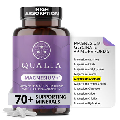 Qualia Magnesium+ | Doctor-Formulated. Premium Formula | High Bioavailability | 10 Forms of Magnesium & 70+ Minerals | Relaxed Mood, restful Sleep