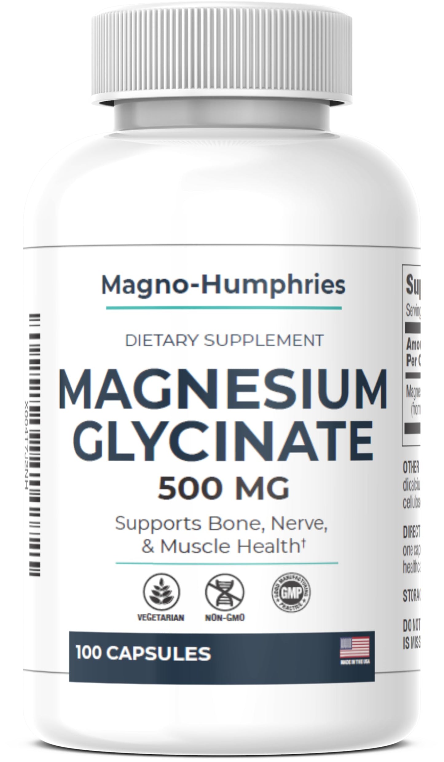 Supplement bottle labeled 'Magnesium Glycinate 500 MG' by Magno-Humphries on a white background