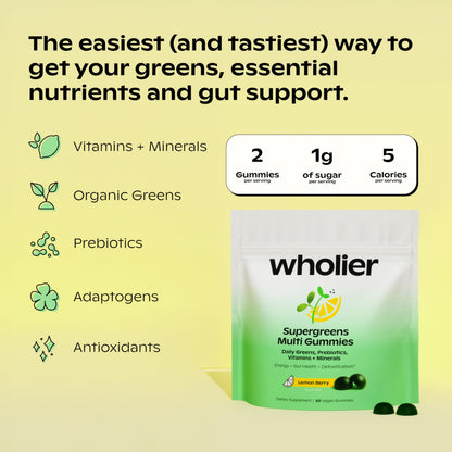 wholier Daily Supergreens Gummies, Greens Supplement with Prebiotics, Fiber, Adaptogens, Vegan Multivitamin, 9 Essential Vitamins + Minerals, 1g Sugar, 2 Gummy Serving (60 Gummies, 30 Day Supply) wholier buy supplements Au