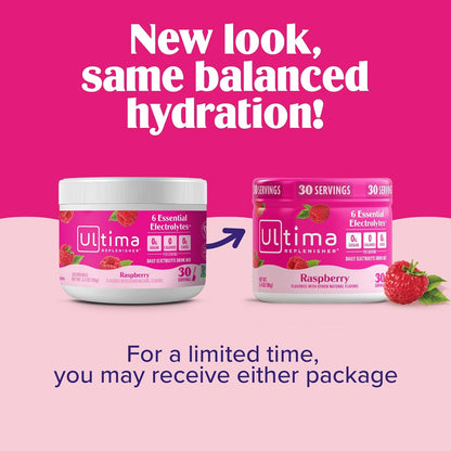 Ultima Replenisher Electrolyte Powder Drink Mix Bundle – Sugar Free – Rasberry, 30 Serving Canister and 20 Stickpacks – 6 Electrolytes and Minerals – Keto Friendly, Vegan, Non-GMO