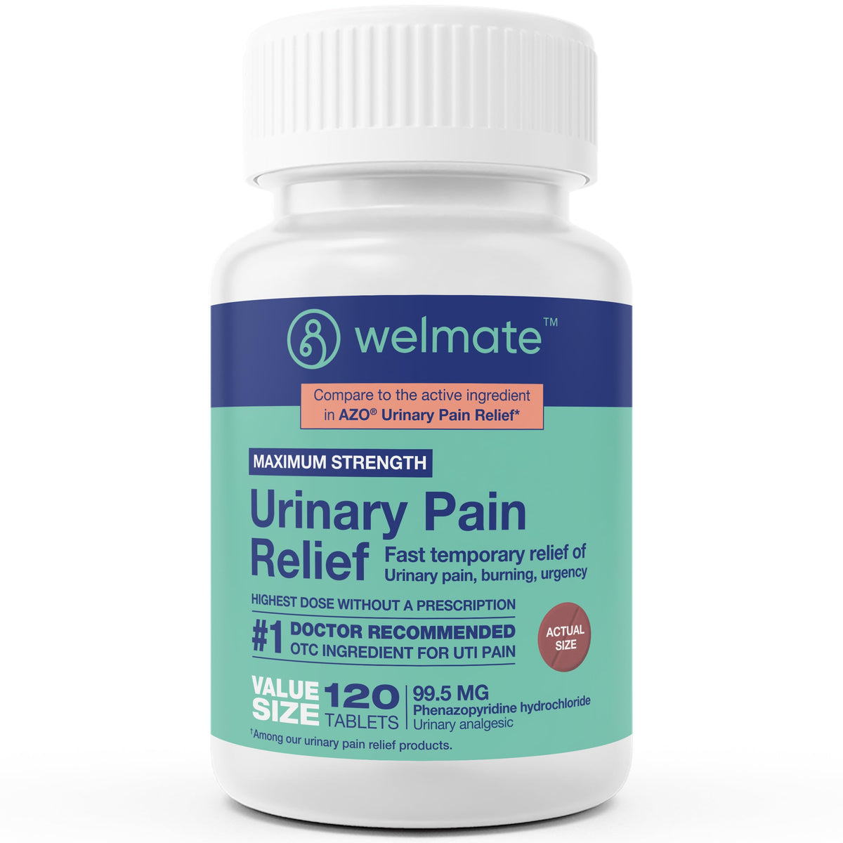 WELMATE Urinary Pain UTI Relief Maximum Strength (Phenazopyridine HCL) - Improve Urinary Tract Health & Bladder Control, Urgency, & Discomfort | Over-The-Counter Medication for Men & Women (120 Pills) WELMATEBuy Supplements Australia