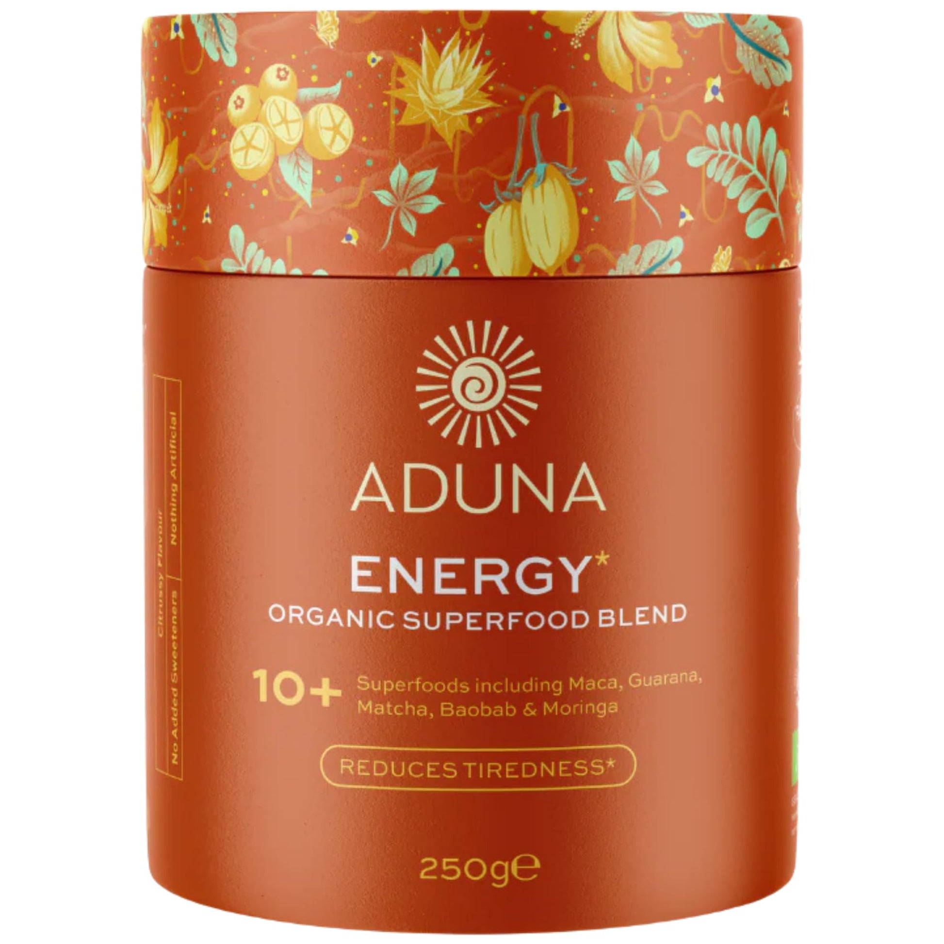 Aduna Energy organic superfood blend container with decorative lid on a white background