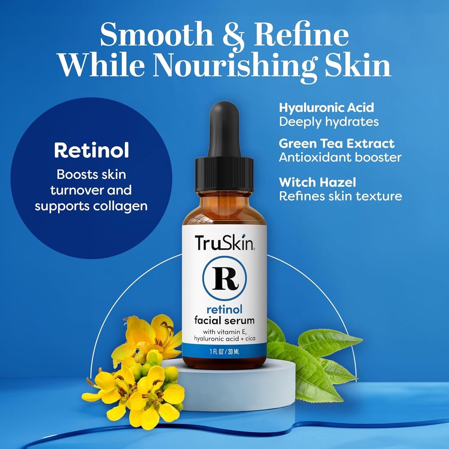 TruSkin Retinol Serum for Face with Hyaluronic Acid & Cica, 1 fl oz | Gentle overnight retinoid serum with Vitamin E helps visibly smooth fine lines, refines skin texture for renewed-looking skin