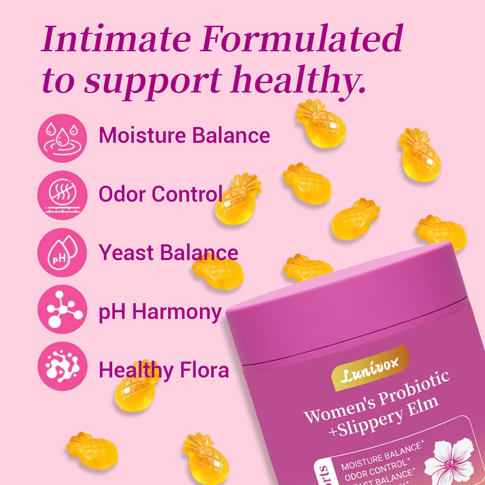 Lunivox Her Juicy Feminine Probiotics Gummies for Women, with Prebiotics & Slippery Elm - Promotes pH Balance, Gut Health & Immune Support - Pineapple Flavor, 60 Count Lunivox buy supplements Au