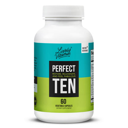 Supplement bottle labeled 'Perfect Ten' by Lively Vitamin on a white background