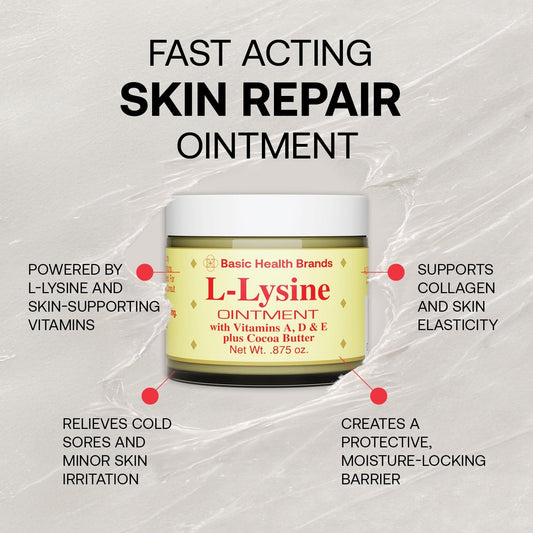 Basic Brands - L-Lysine Ointment - 0.875 oz - Lysine Cold Sore Treatment and Blister Relief - Soothes Chapped Lips and Dry Skin – 2-Pack