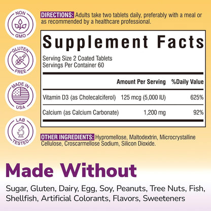 Vitalibre Calcium Supplements for Women, 120 Coated Tablets | Calcium 1200 mg with Vitamin D3 5000IU, Bone Strength Density, Enhanced Absorption Stomach - Friendly Gentle