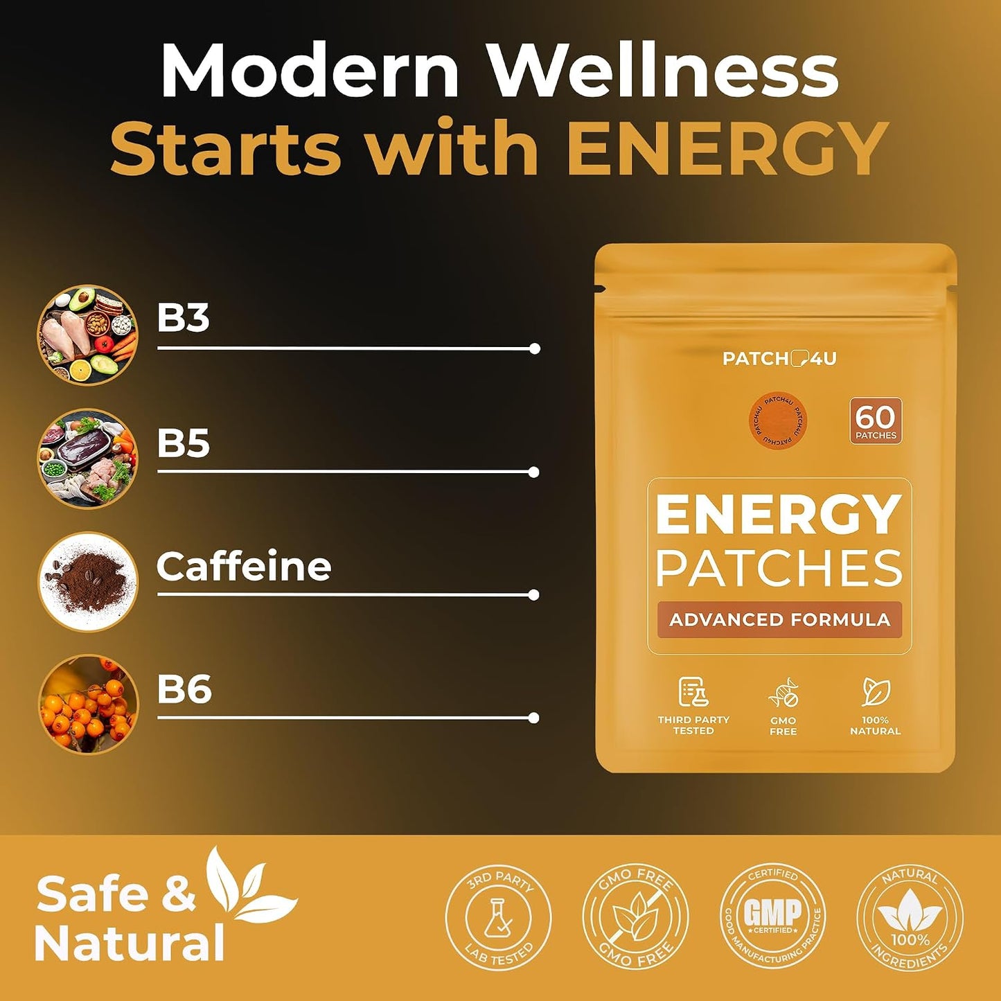 Energy Patches with B12-9-in-1 Biotin, Thiamine & B-Vitamin Complex | Natural Caffeine For Women & Men, Energy & Focus, 60 Day Supply
