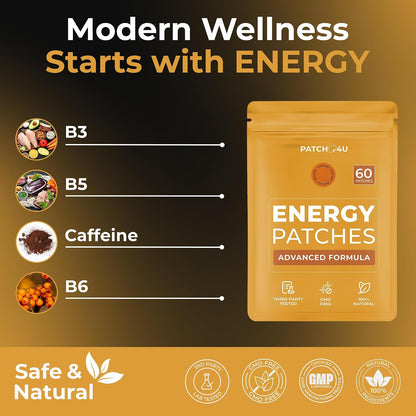 Energy Patches with B12-9-in-1 Biotin, Thiamine & B-Vitamin Complex | Natural Caffeine For Women & Men, Energy & Focus, 60 Day Supply
