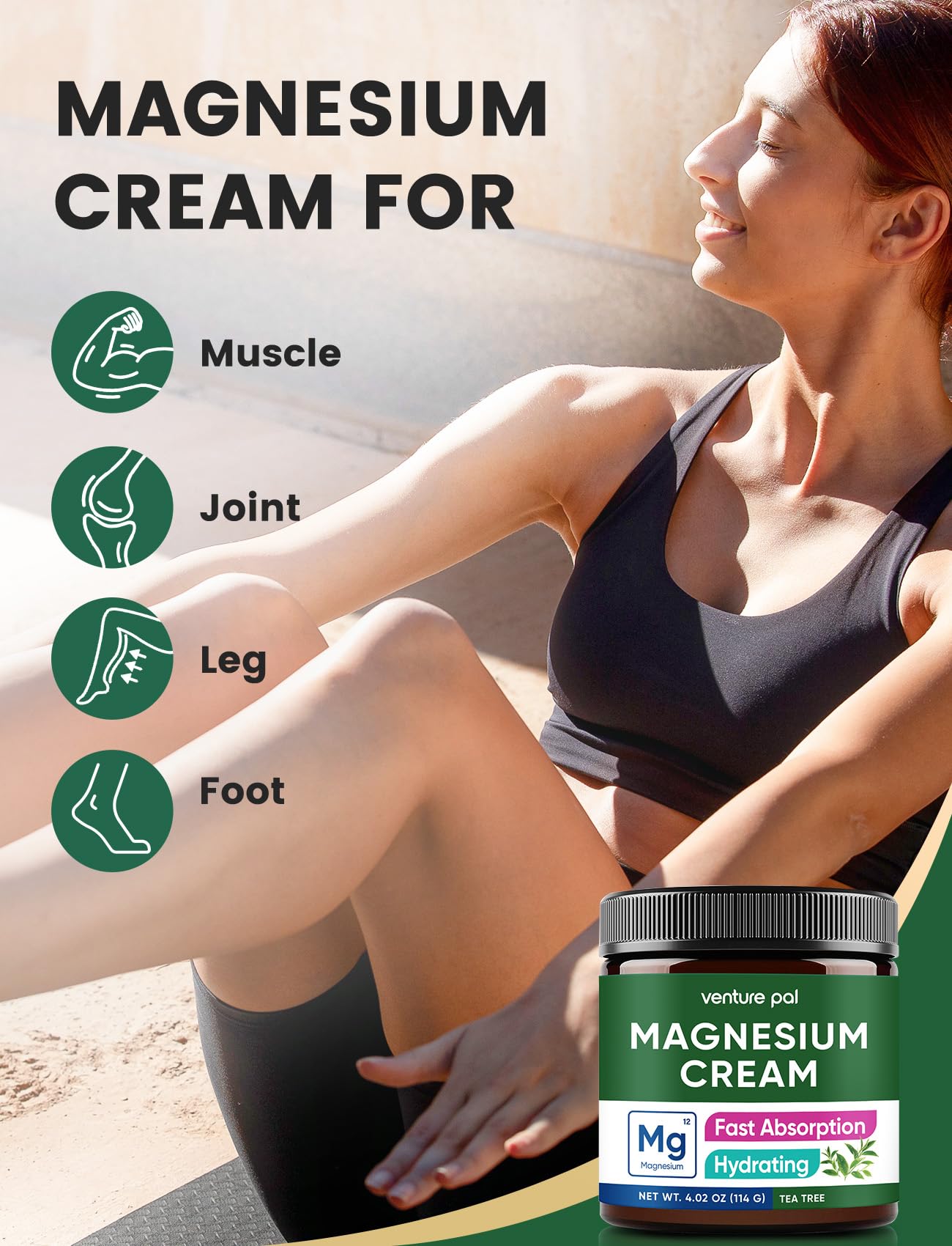 Venture Pal Topical Magnesium Cream, Highly Concentrated Magnesium Lotion | Fast-Absorbing Magnesium Moisturizing Cream with Coconut Oil, Shea Butter & Hyaluronic Acid; Suitable for Kids