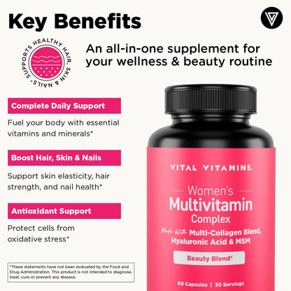 Vital Vitamins Women's Multivitamin Complex - Made with Multi-Collagen Blend, Hyaluronic Acid, & MSM - Beauty Multivitamins - with Vitamin A, C, E, B6, B12, D3-60 Capsules Vital Vitamins buy supplements Au