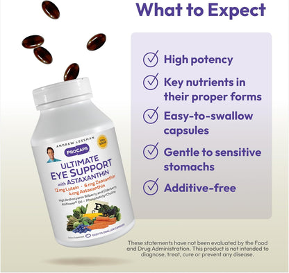 Andrew Lessman ProCaps Ultimate Eye Support with Astaxanthin 60 Softgels | Lutein, Zeaxanthin & 4 mg Astaxanthin plus Bilberry, EGCG & Ahiflower Oil for macular, retinal & vision support.