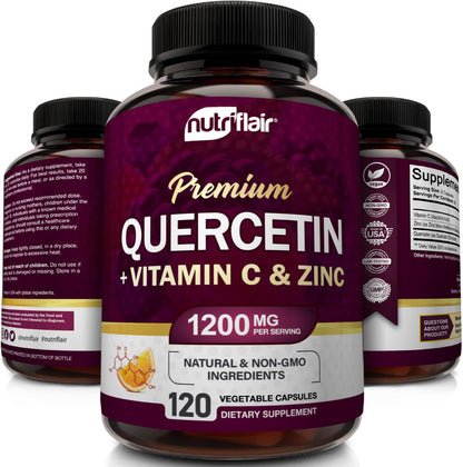 NutriFlair Quercetin 1200mg with Vitamin C and Zinc, 120 Capsules - All-Natural Supplement, Gluten-Free, Soy-Free, Non-GMO, Easy-to-Swallow, 2-Month Supply
