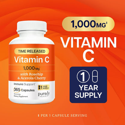 Vitamin C 1000mg, Immune Support, Timed-Release Capsules, 1 Year Supply | Vitamin C Supplement with Acerola Cherry & Rose Hips, Daily Antioxidant & Wellness Support, Vegan, Non-GMO, 365 Capsules