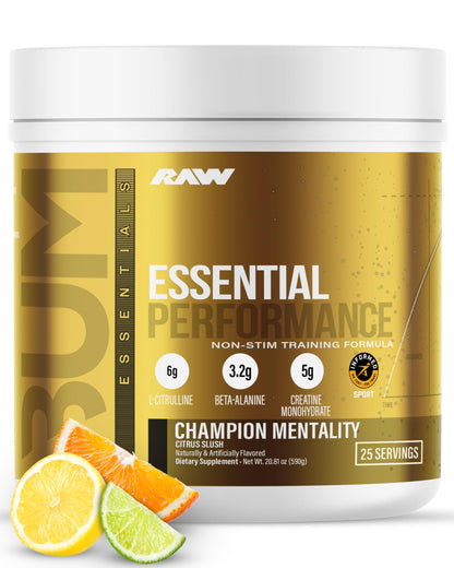 RAW Essential Performance Non-Stim Pre-Workout Powder - Preworkout for Endurance Strength & Focus Without Caffeine or Stimulants - Creatine Monohydrate, L-Citrulline & Beta Alanine - Blue Rathberry