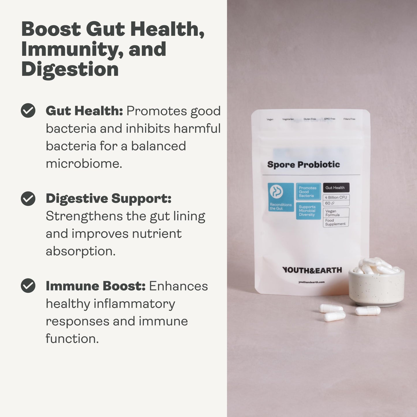 Youth & Earth Spore Probiotics 4 Billion CFU Count - Probiotics for Gut Health & Immune Support | Gut Health Supplements for Digestive Health | 60 Capsules Youth & Earth buy supplements Au