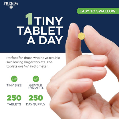 Freedavite Tiny Tablet - Moderate Multivitamin for Men and Women - Pure Vitamin A, C, D, E, B1, B2, B6, B12, Biotin, Calcium, Zinc, Iron, Magnesium, Manganese, Copper, Selenium, Iodine - 250 Count | Supports Energy, Immunity, Bone & Brain Health – 20 Esse