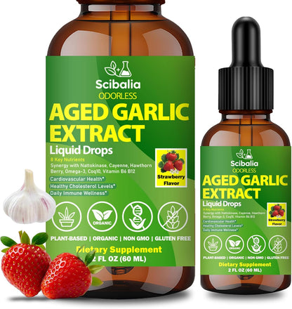 Aged Garlic Extract Liquid Drops, Odorless Garlic Supplement with CoQ10 Cayenne Hawthorn Berry Nattokinase Omega-3 Vitamin B6 & B12 for Heart Immune Health Support, Grown Allium Sativum Bulb