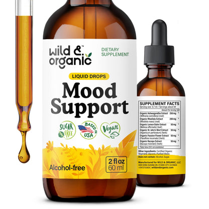 Wild & Organic Mood Support Drops - Good Mood Supplements w/Ashwagandha Root & Rhodiola Rosea - Natural Liquid Drops for Positive Energy - Calm and Relax Supplements for Women and Men - 2 oz