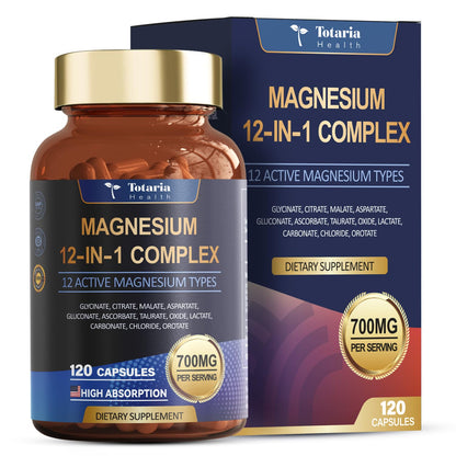 Bottle and packaging of Totaria Health Magnesium 12-in-1 Complex supplement on a white background
