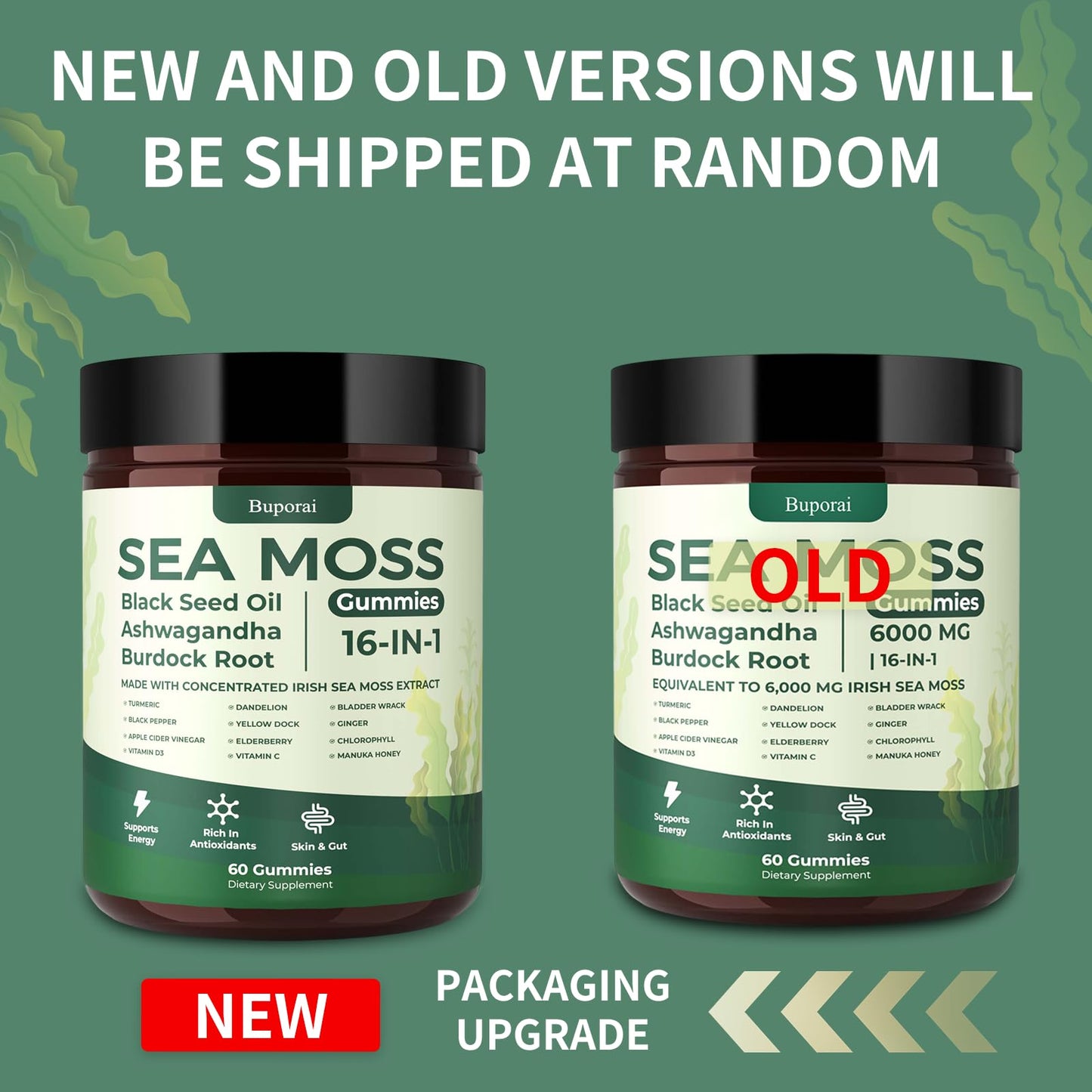 Sea Moss Gummies 16-1, Black Seed Oil Ashwagandha Turmeric Bladder Wrack Vitamin C Vitamin D3 Elderberry Manuka Dandelion Yellow Dock Apple Cider Vinegar for Men & Women