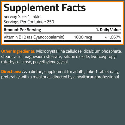 Bronson Vitamin B12 1000mcg Once Daily Formula Non-GMO, 250 Vegetarian Tablets