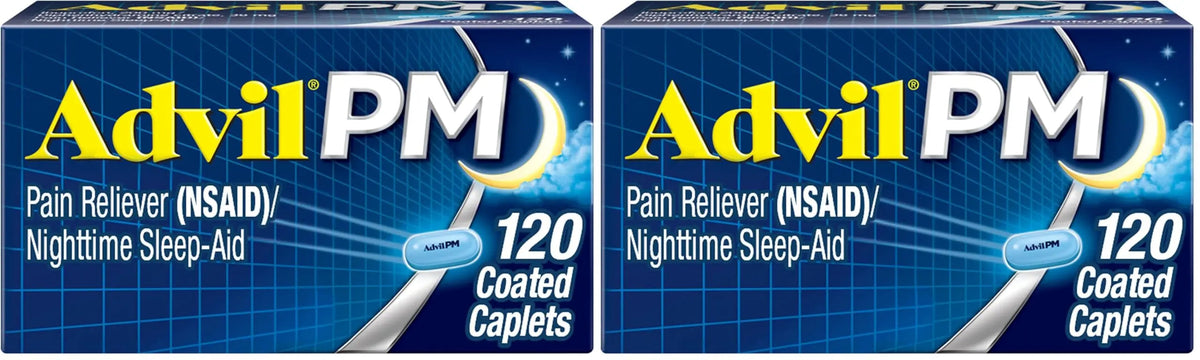 Advil PM Pain Reliever and Nighttime Sleep Aid, Pain Medicine with Ibuprofen for Pain Relief and Diphenhydramine Citrate for A Sleep Aid - 120 Coated Caplets (Pack of 2) AdvilBuy Supplements Australia