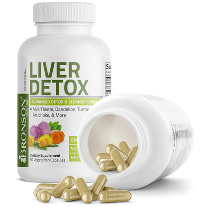 Bronson Liver Detox Advanced Detox & Cleansing Formula Supports Health Liver Function with Milk Thistle, Dandelion Extract, Turmeric, Artichoke Leaf & More, Non-GMO, 60 Vegetarian Capsules