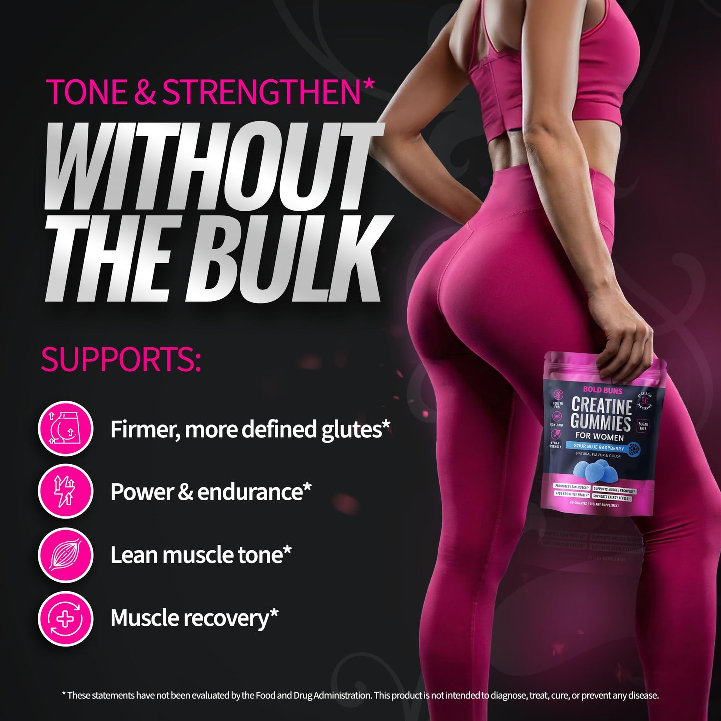Bold Buns Creatine for Women – Supplement with Collagen & BCAA – Supports Muscle Development, Post-Workout Recovery, Skin Elasticity, Healthy Hair & Nail (30 Servings, Unflavored)
