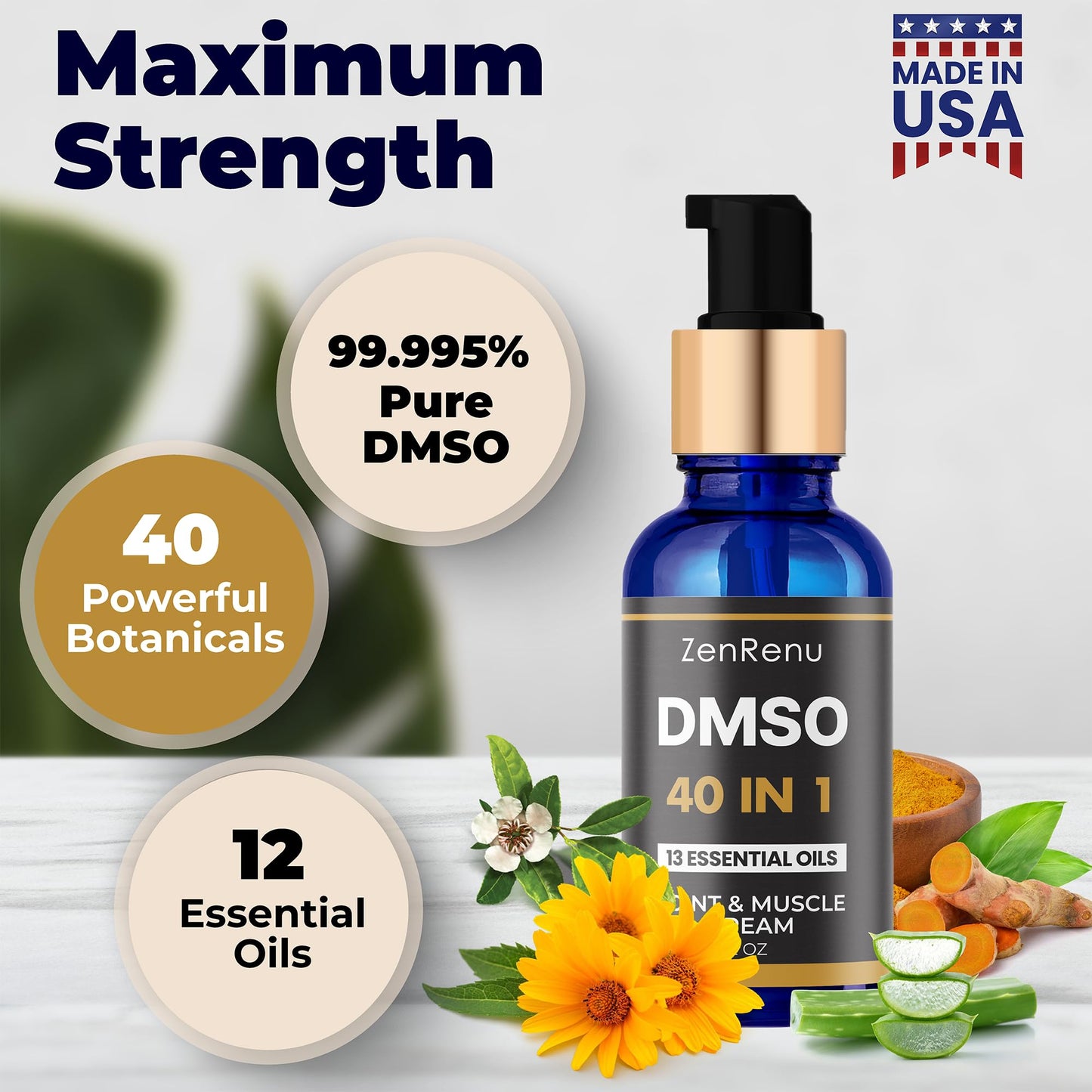 Zenrenu DMSO Cream 99.995% Pure Pharmaceutical Grade - 40-in-1 Advanced Formula -12 Essential Oils, Arnica, Aloe Vera, MSM - Fast-Absorbing Cream – 2 oz Glass Pump Bottle – Made in USA ZenrenuBuy Supplements Australia