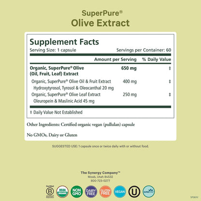 PURE SYNERGY SuperPure Olive Extract | Organic Olive Leaf, Oil, and Fruit Supplement with Polyphenols | for Heart, Brain, and Immune Health (60 Capsules)