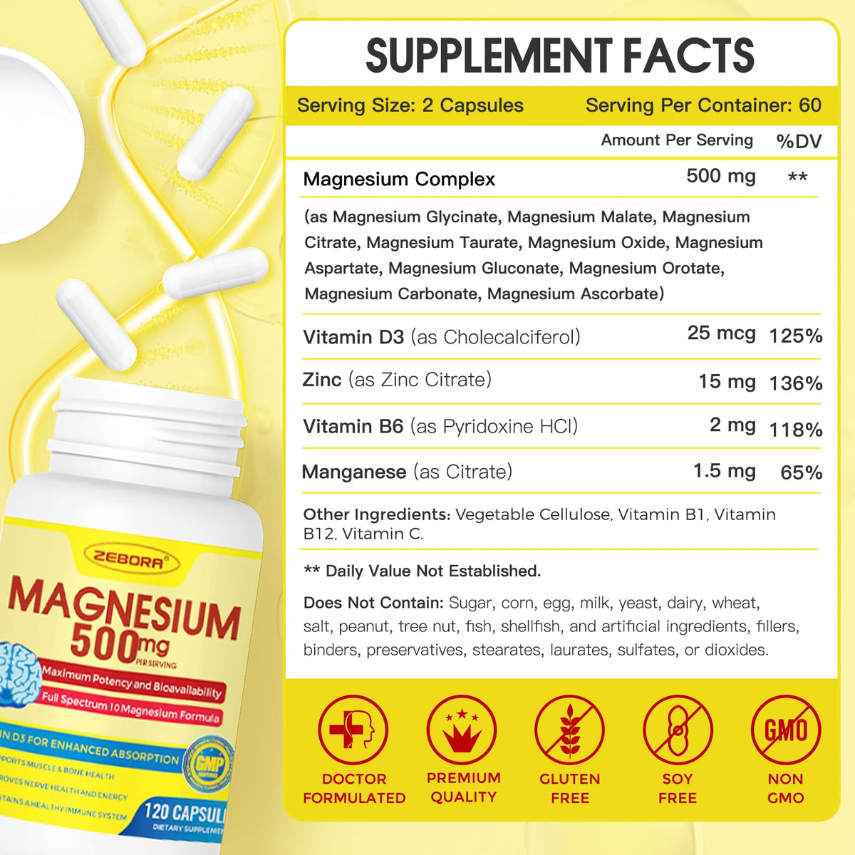 10-in-1 Magnesium Complex Supplement, Magnesium Glycinate 500mg with Citrate & Malate, Chelated High Absorption Plus Vitamin D3 & Zinc - for Nerve, Muscle & Bone Support - 120 Capsules ZEBORA buy supplements Au