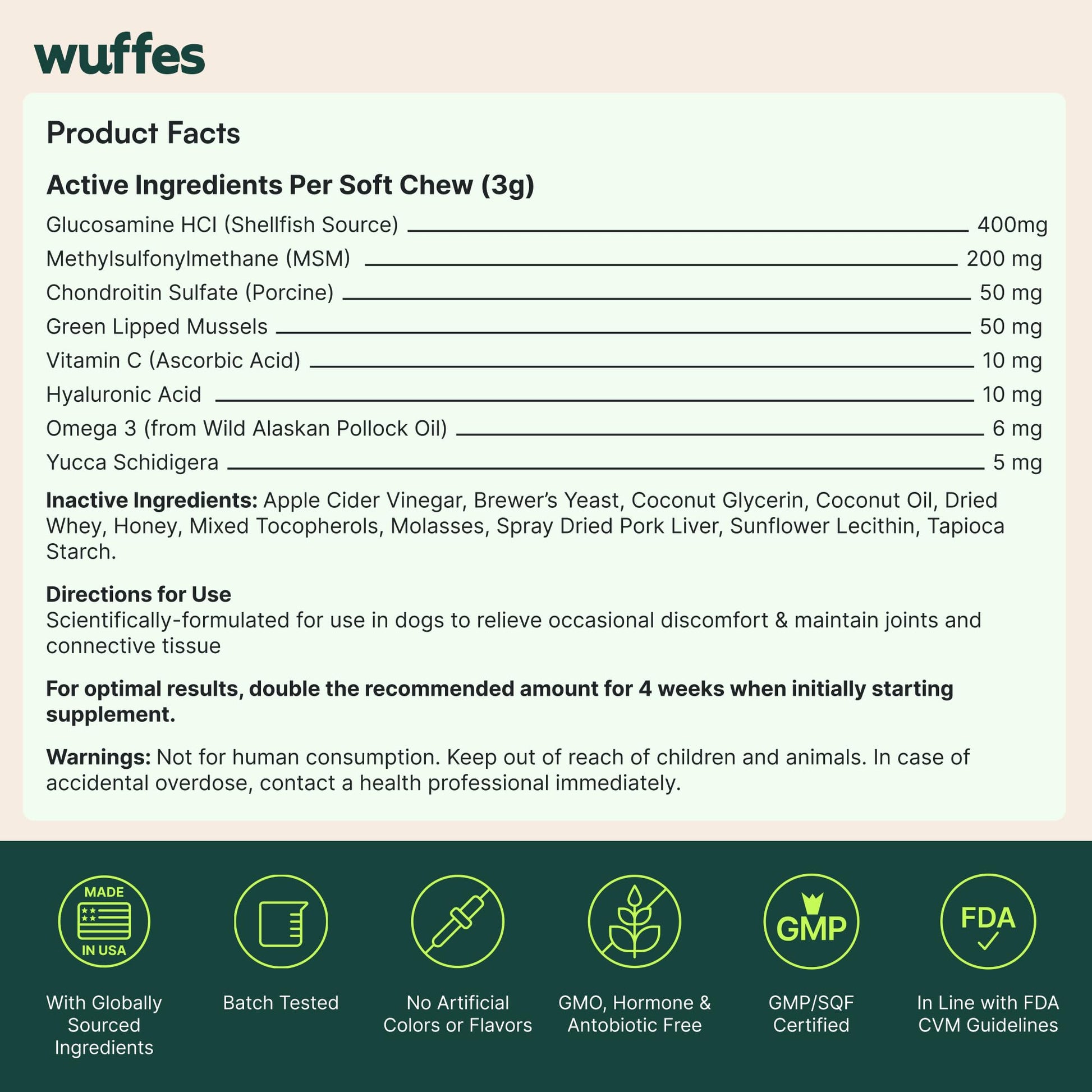 Wuffes Advanced Dog Hip and Joint Supplement with Glucosamine, Chondroitin, Omega 3, MSM, and Green Lipped Mussel, 60 Pork Flavored Chews for Small and Medium Dog Breeds WuffesBuy Supplements Australia