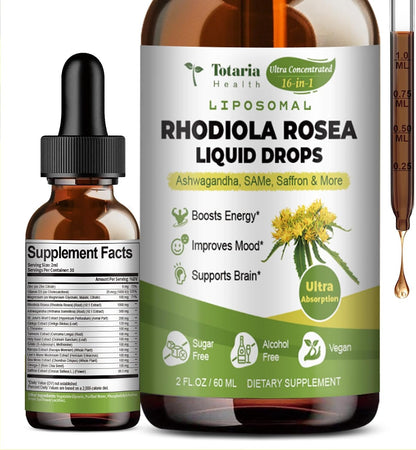 Totaria 16-in-1 Liposomal Rhodiola Rosea Supplement Tincture 1000mg, Ultra Strength Rhodiola 10:1 Root Extract w/Ashwagandha, Rhodiola Liquid Drops for Natural Relaxation, Mood, Energy, Alcohol-Free