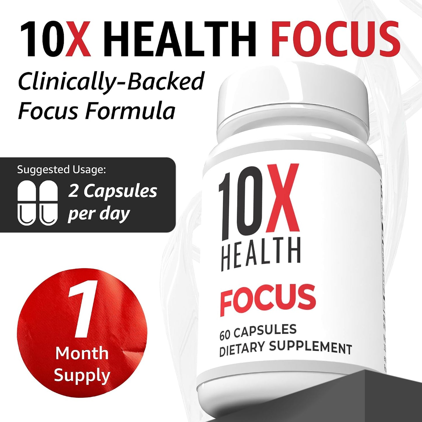 10X Health Focus Supplement - 60 Capsules | Brain Supplements for Memory and Focus: Rhodiola Rosea & Huperzine A, Memory Support, 60 Capsules, Non-GMO