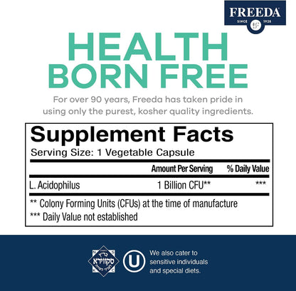 FREEDA Acidophilus Probiotic 1 Billion CFU for Digestive Support – 100ct | Immune Function & Digestive Health Support for Women & Men – Vegan, Kosher, Gluten-Free, & Made in USA