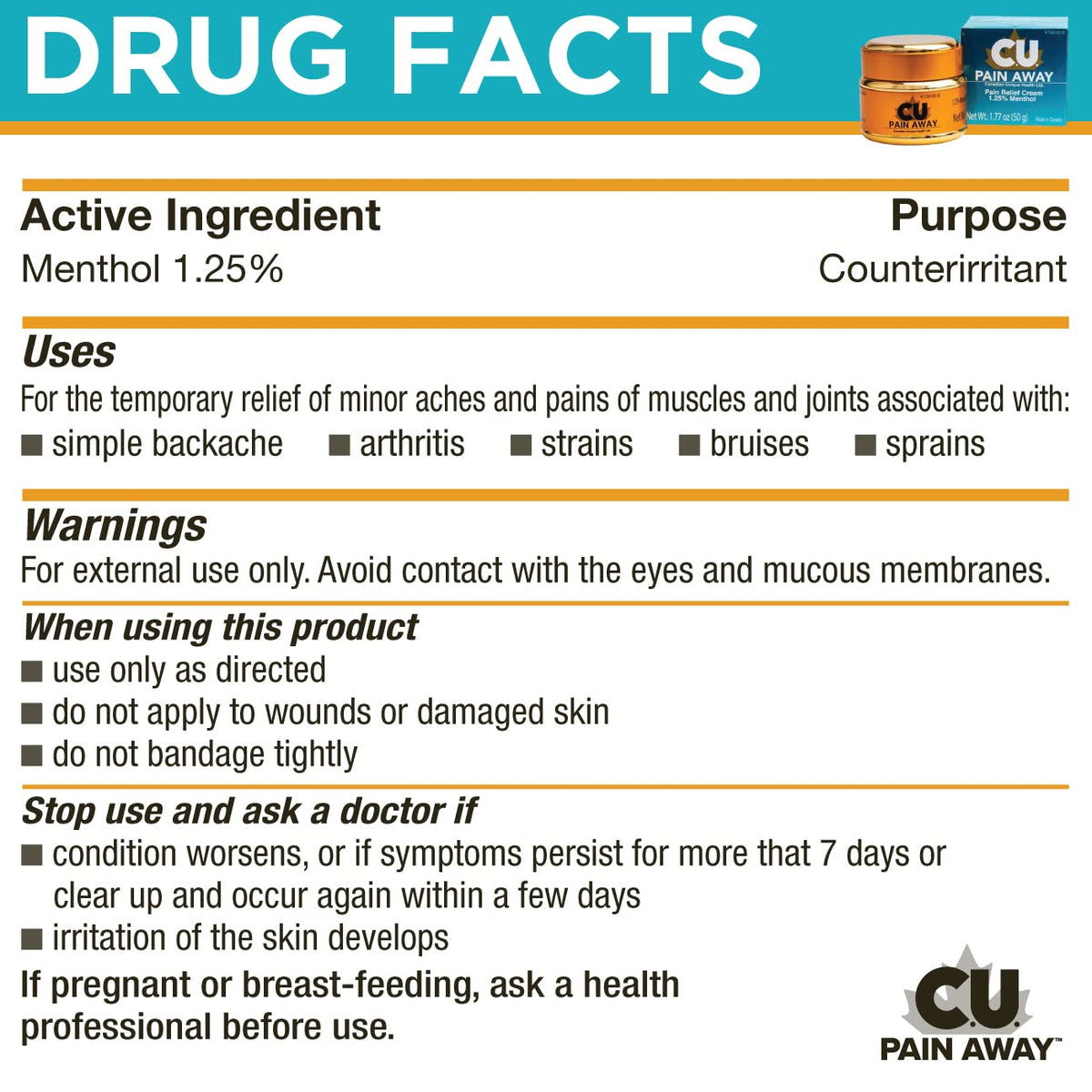 Arthritis Pain Relief Cream - C.U. Pain Away. Reduce Inflammation, Improve Mobility, Rapid Relief. Effective Muscle and Joint Pain Relief. All-Natural Ingredients. C.U. Pain AwayBuy Supplements Australia