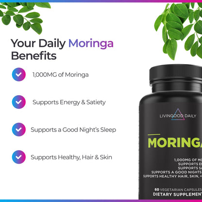 Livingood Daily Moringa Capsules, Moringa Supplement for Energy, Sleep, Satiety, Hair, Skin, Nails & Wellness, Plant Based Vegetarian, Gluten Free