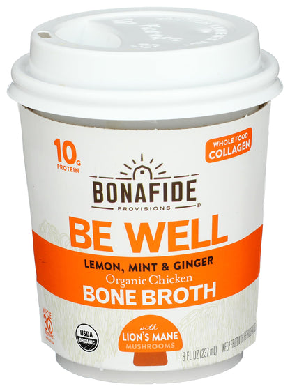Bonafide Provisions Fresh Organic Be Well Broth with Lemon, Mint & Ginger Organic Chicken Bone Broth, Frozen 8 fl oz - Gluten-Free, Grain-Free, Paleo and Keto Friendly Bonafide Provisions buy supplements Au