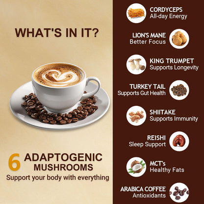 Mushroom Coffee, Instant Mushroom Coffee Organic with 6 Mushrooms Lion’s Mane, Cordyceps, Turkey Tail & Other for Energy, Focus, Digestion, Immunity, 35 Servings