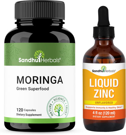 SANDHUHERBALS Moringa Capsules (120 Count) & Liquid Zinc Drops (4 Fl Oz) | Supports Immune, Gut & Skin Health