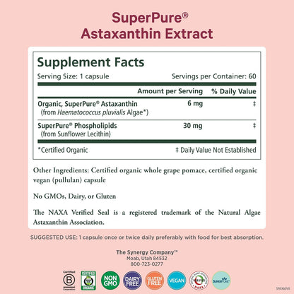 PURE SYNERGY SuperPure Astaxanthin Extract | Organic Astaxanthin from Algae with Sunflower Lecithin | Antioxidant Support for Skin and Eye Health (60 Capsules)