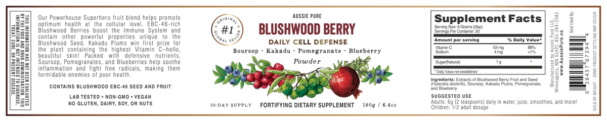 Aussie Pure Blushwood Berry Superfruit Daily Cell Defense - Soursop - Kakadu Plum - Pomegranate - Blueberry - Immune and Cell Support Powder - All Ages - Lab Tested and Authenticated - 180g/6.4oz Aussie Pure buy supplements Au