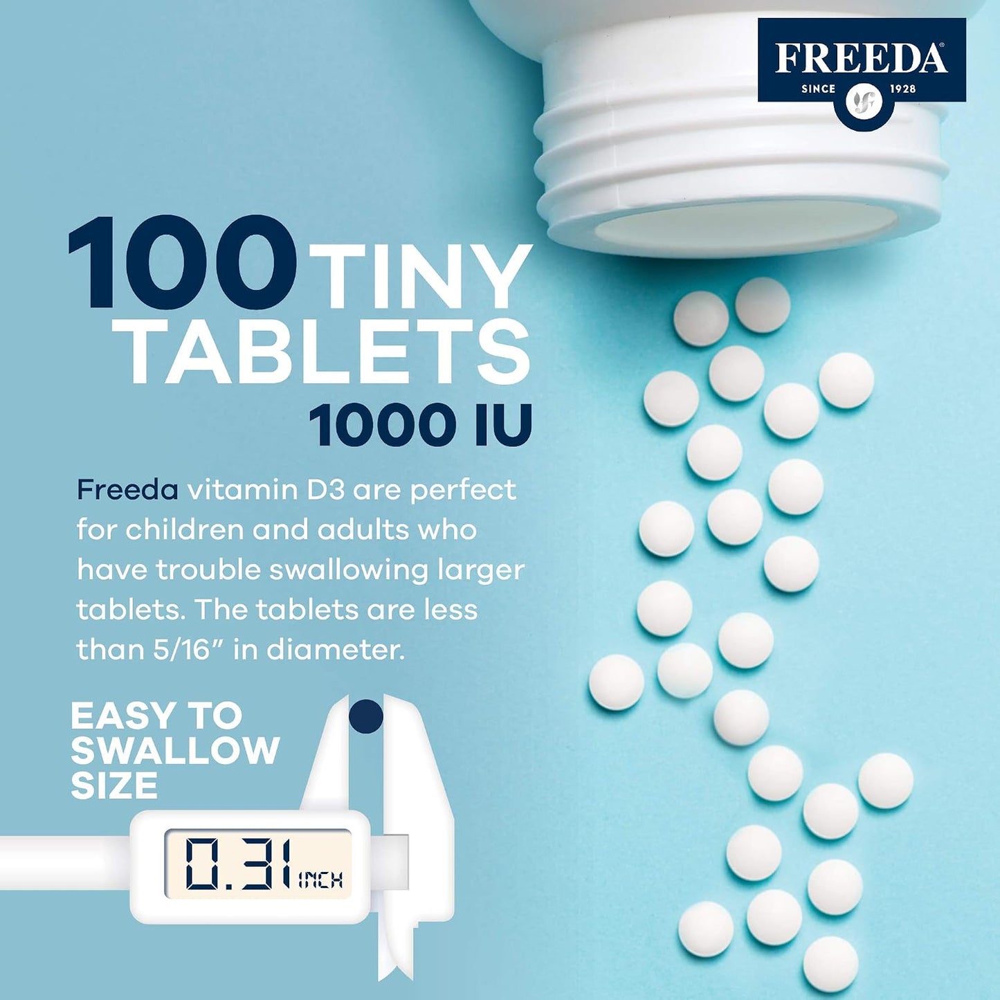 FREEDA Vitamin D3-1000 IU - Pure High Potency Kosher Supplement Tablets - Bone and Muscle Health, Calcium Absorption, Immune Support for Men and Women* - 100 Count | Supports Bone, Muscle & Immune Health – Helps Calcium Absorption – Easy-to-Swallow Tiny T