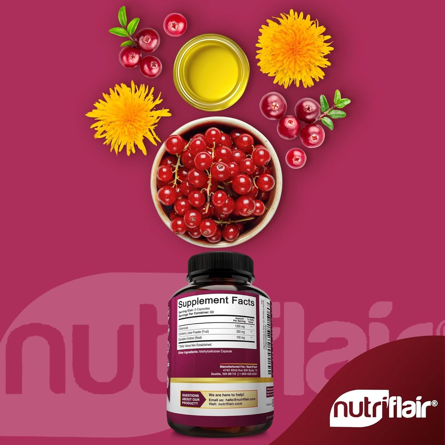 NutriFlair D-Mannose 120 Capsules, 1500mg - with Cranberry and Dandelion Extract - Natural Urinary Tract Health UTI Support - Best D Mannose Powder - Flush Impurities, Detox Body, for Women and Men