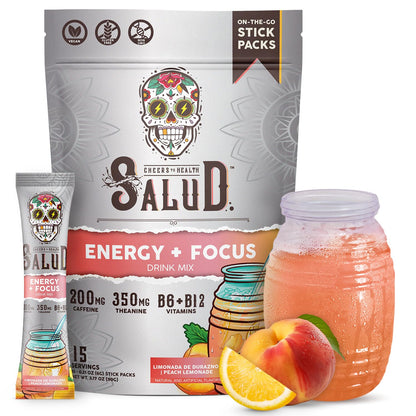 Salud 2-in-1 Energy + Focus Drink Mix, Hibiscus | Organic Caffeine, B6 + B12, Theanine, Clean Energy Packets, Agua Fresca Mix, Non-GMO, Gluten Free, 1g of Sugar (15 Servings)